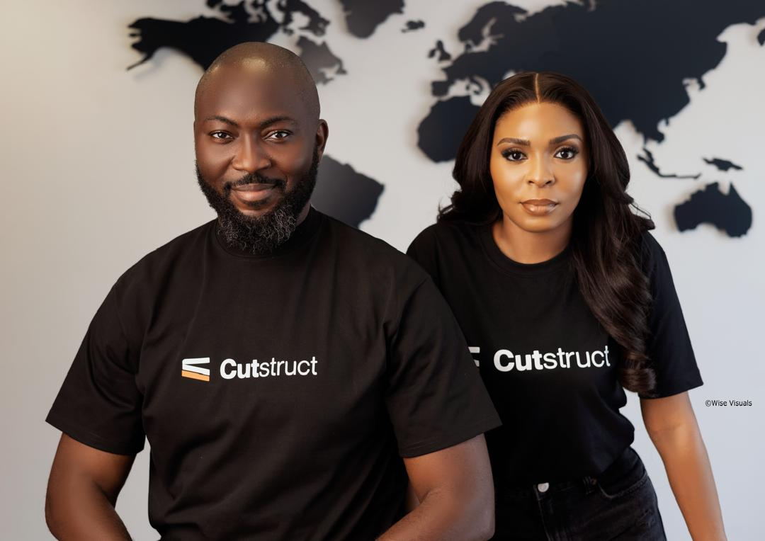 John Oamen and a colleague wearing black Cutstruct t-shirts